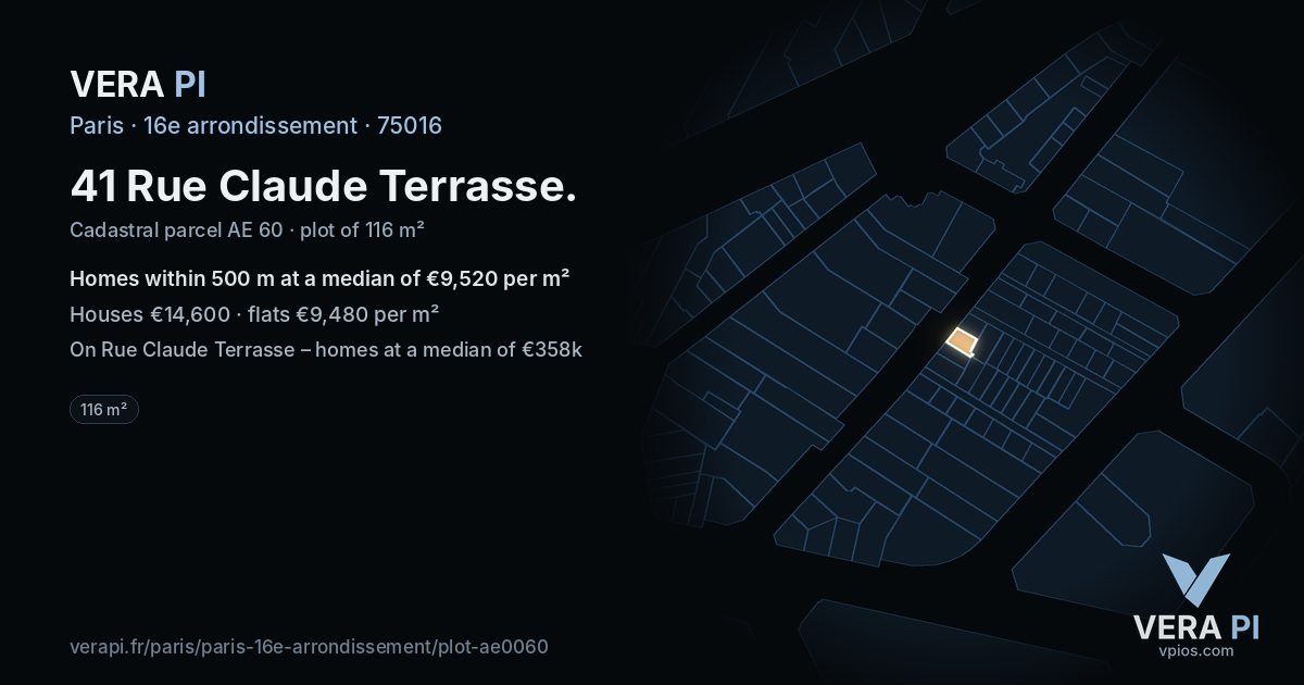 41 Rue Claude Terrasse, 16e arrondissement at night – the plot lit, the parcels around coloured by the prices near them