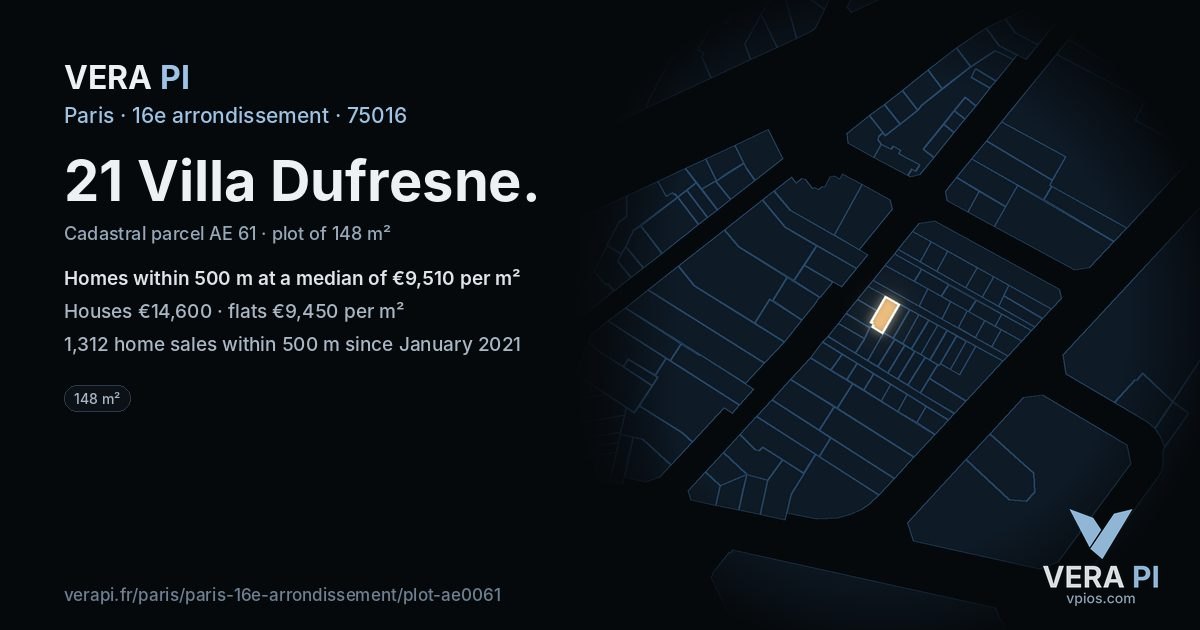 21 Villa Dufresne, 16e arrondissement at night – the plot lit, the parcels around coloured by the prices near them