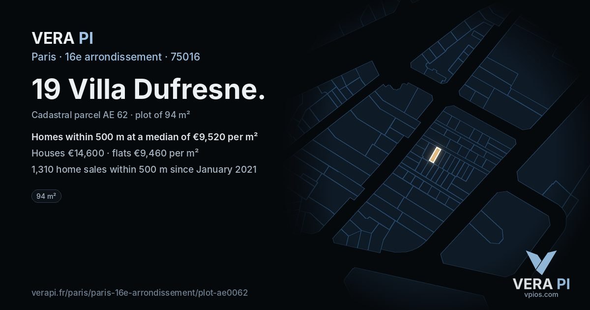 19 Villa Dufresne, 16e arrondissement at night – the plot lit, the parcels around coloured by the prices near them