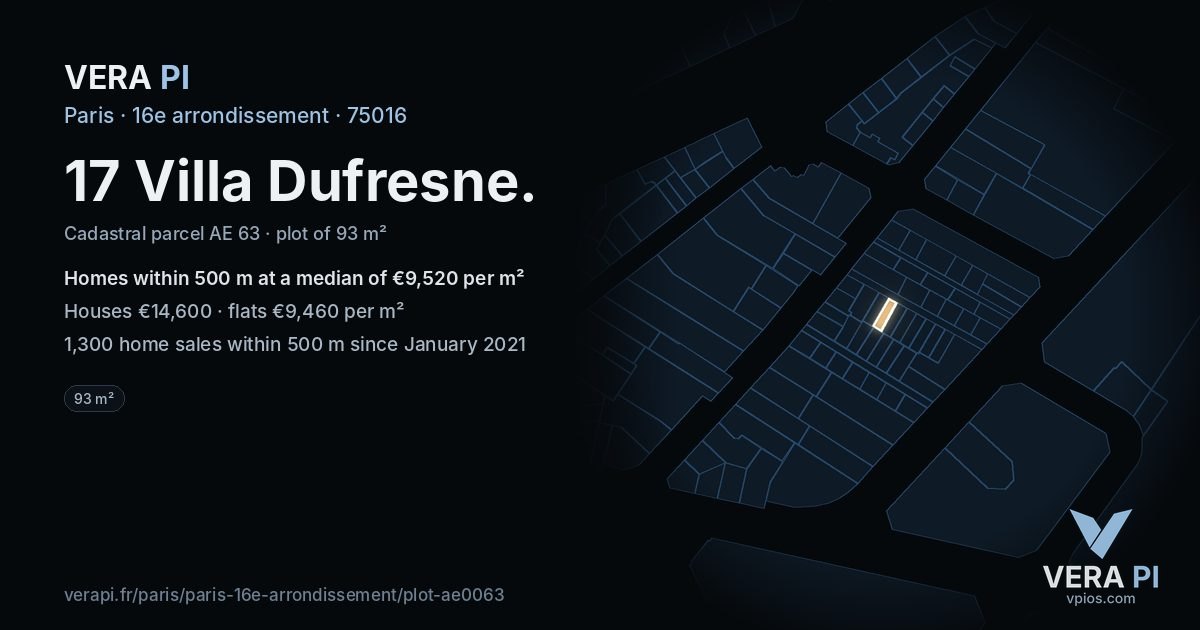 17 Villa Dufresne, 16e arrondissement at night – the plot lit, the parcels around coloured by the prices near them
