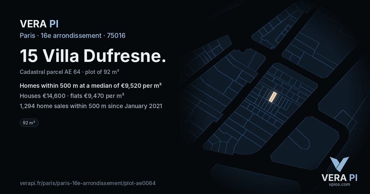 15 Villa Dufresne, 16e arrondissement at night – the plot lit, the parcels around coloured by the prices near them