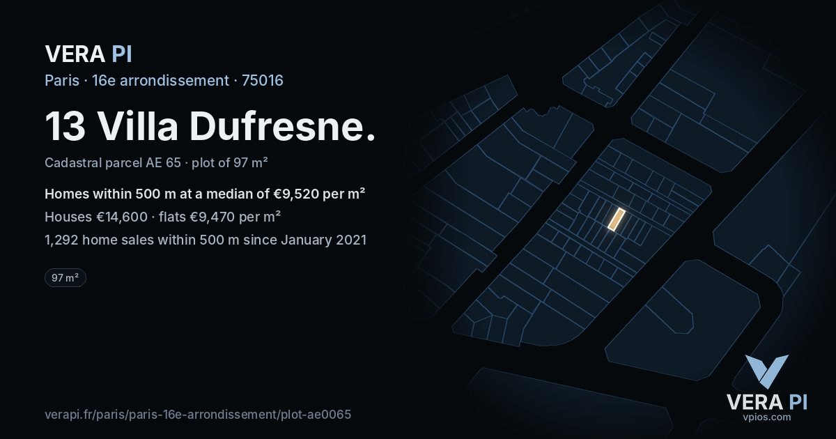 13 Villa Dufresne, 16e arrondissement at night – the plot lit, the parcels around coloured by the prices near them