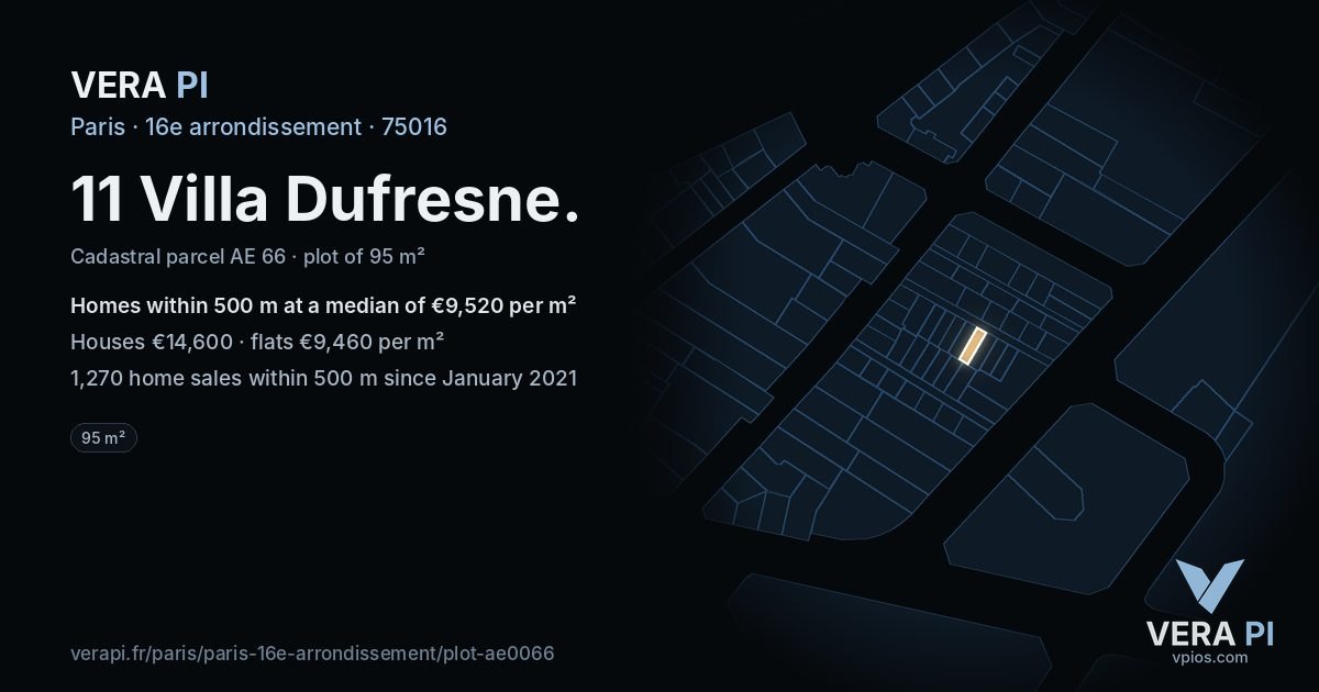 11 Villa Dufresne, 16e arrondissement at night – the plot lit, the parcels around coloured by the prices near them