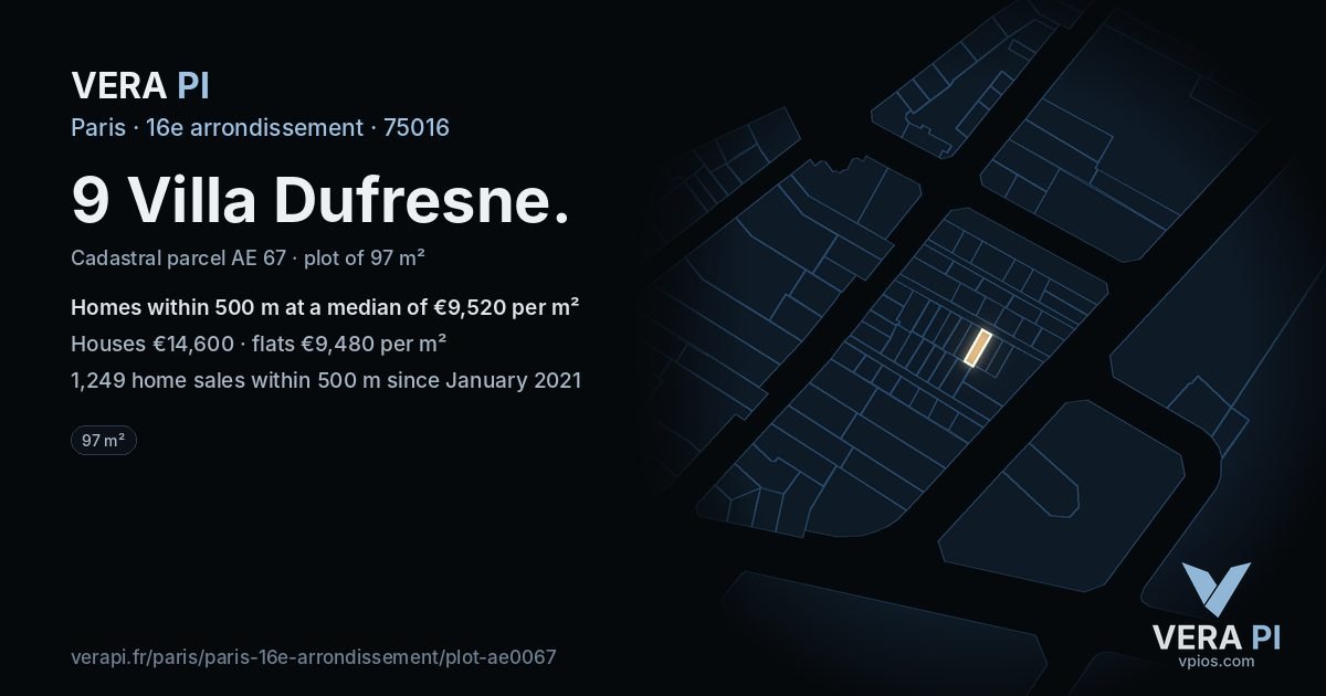 9 Villa Dufresne, 16e arrondissement at night – the plot lit, the parcels around coloured by the prices near them