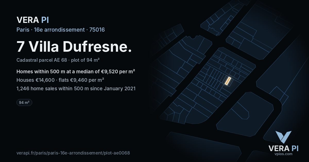 7 Villa Dufresne, 16e arrondissement at night – the plot lit, the parcels around coloured by the prices near them