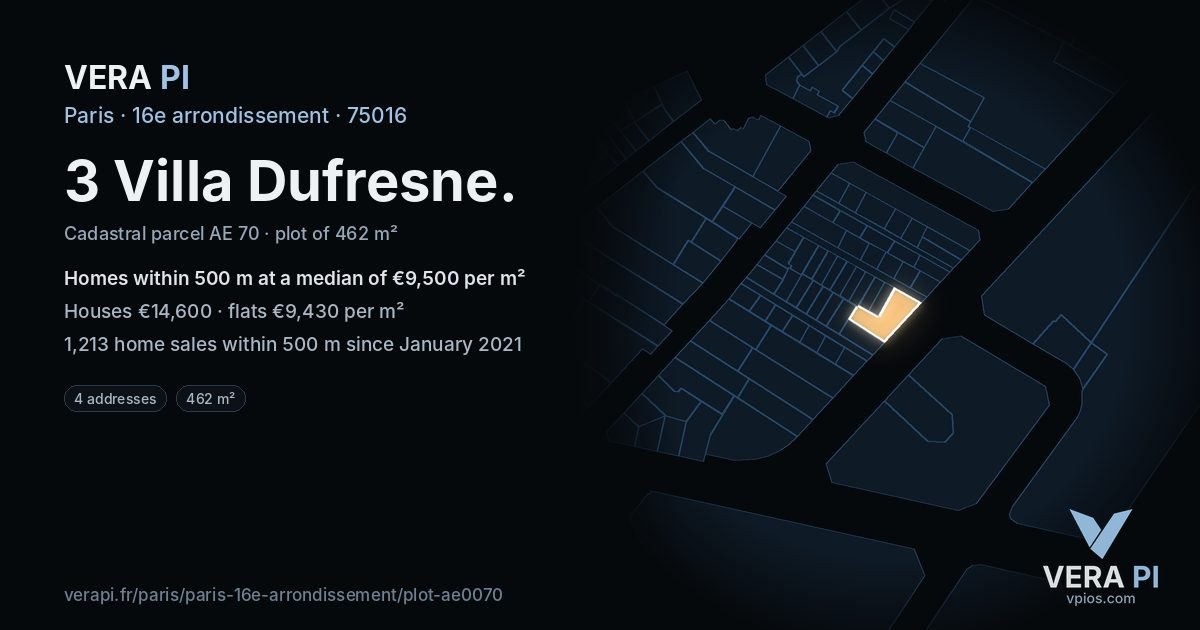 3 Villa Dufresne, 16e arrondissement at night – the plot lit, the parcels around coloured by the prices near them