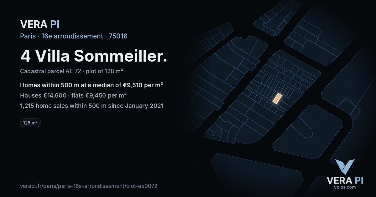 4 Villa Sommeiller, 16e arrondissement at night – the plot lit, the parcels around coloured by the prices near them