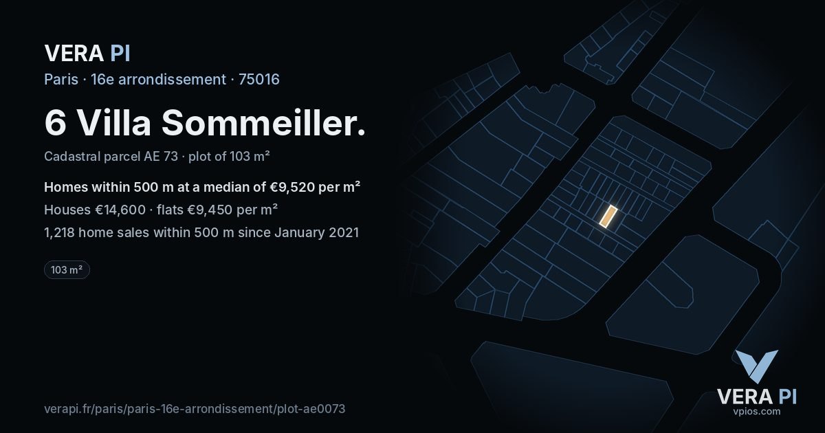 6 Villa Sommeiller, 16e arrondissement at night – the plot lit, the parcels around coloured by the prices near them
