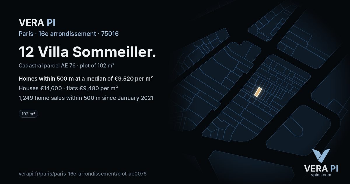 12 Villa Sommeiller, 16e arrondissement at night – the plot lit, the parcels around coloured by the prices near them
