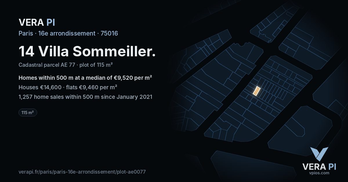 14 Villa Sommeiller, 16e arrondissement at night – the plot lit, the parcels around coloured by the prices near them