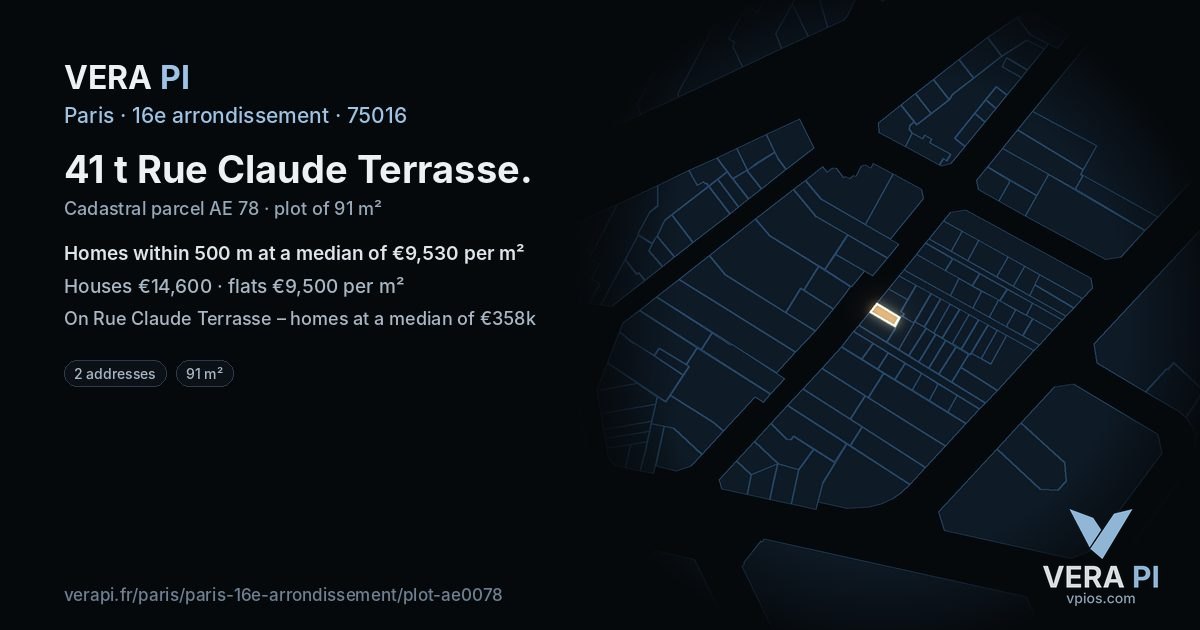 41 t Rue Claude Terrasse, 16e arrondissement at night – the plot lit, the parcels around coloured by the prices near them