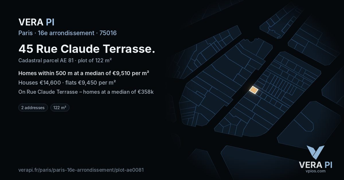 45 Rue Claude Terrasse, 16e arrondissement at night – the plot lit, the parcels around coloured by the prices near them