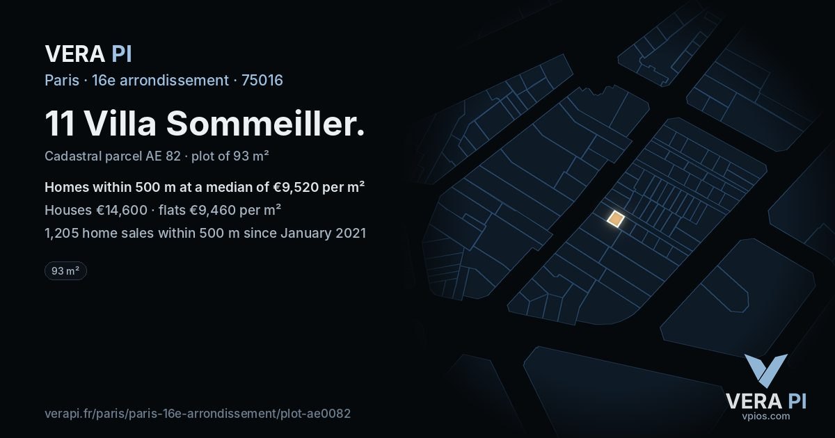 11 Villa Sommeiller, 16e arrondissement at night – the plot lit, the parcels around coloured by the prices near them