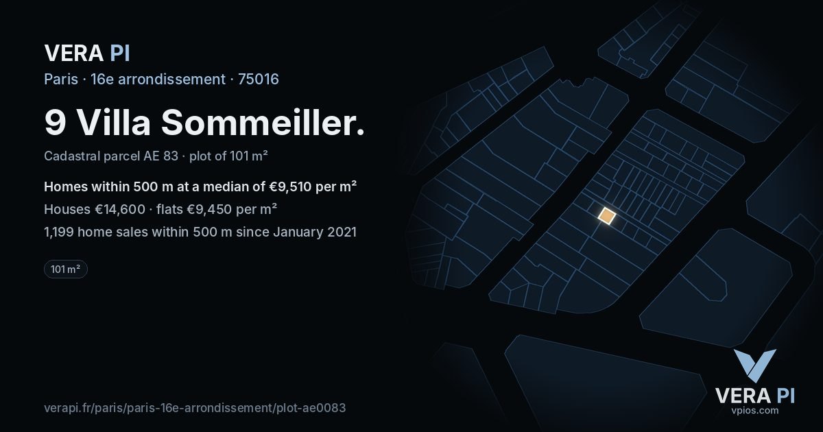 9 Villa Sommeiller, 16e arrondissement at night – the plot lit, the parcels around coloured by the prices near them