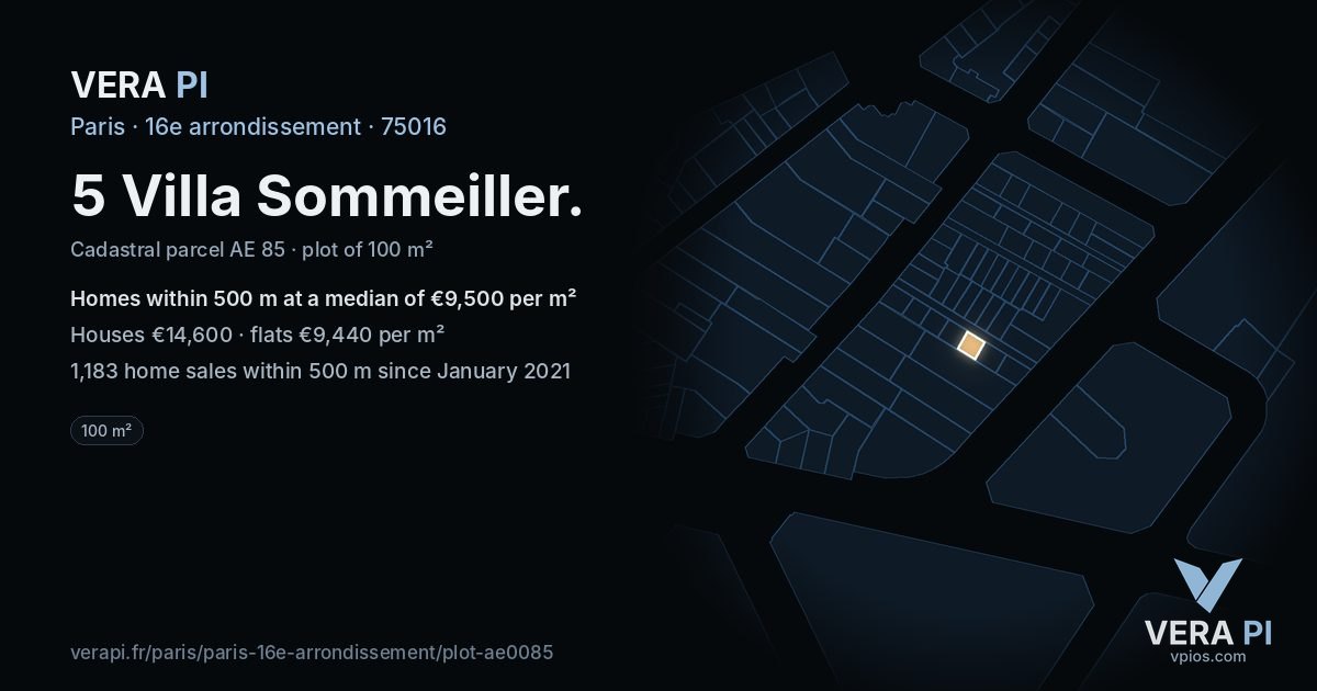 5 Villa Sommeiller, 16e arrondissement at night – the plot lit, the parcels around coloured by the prices near them