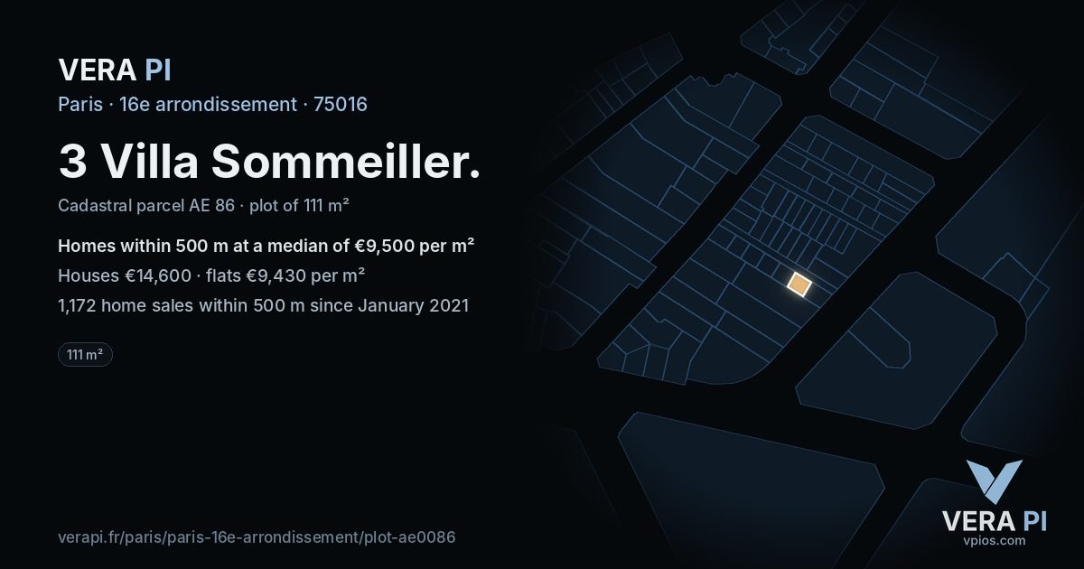 3 Villa Sommeiller, 16e arrondissement at night – the plot lit, the parcels around coloured by the prices near them