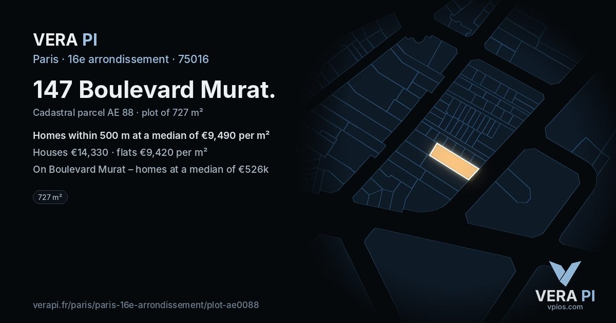 147 Boulevard Murat, 16e arrondissement at night – the plot lit, the parcels around coloured by the prices near them
