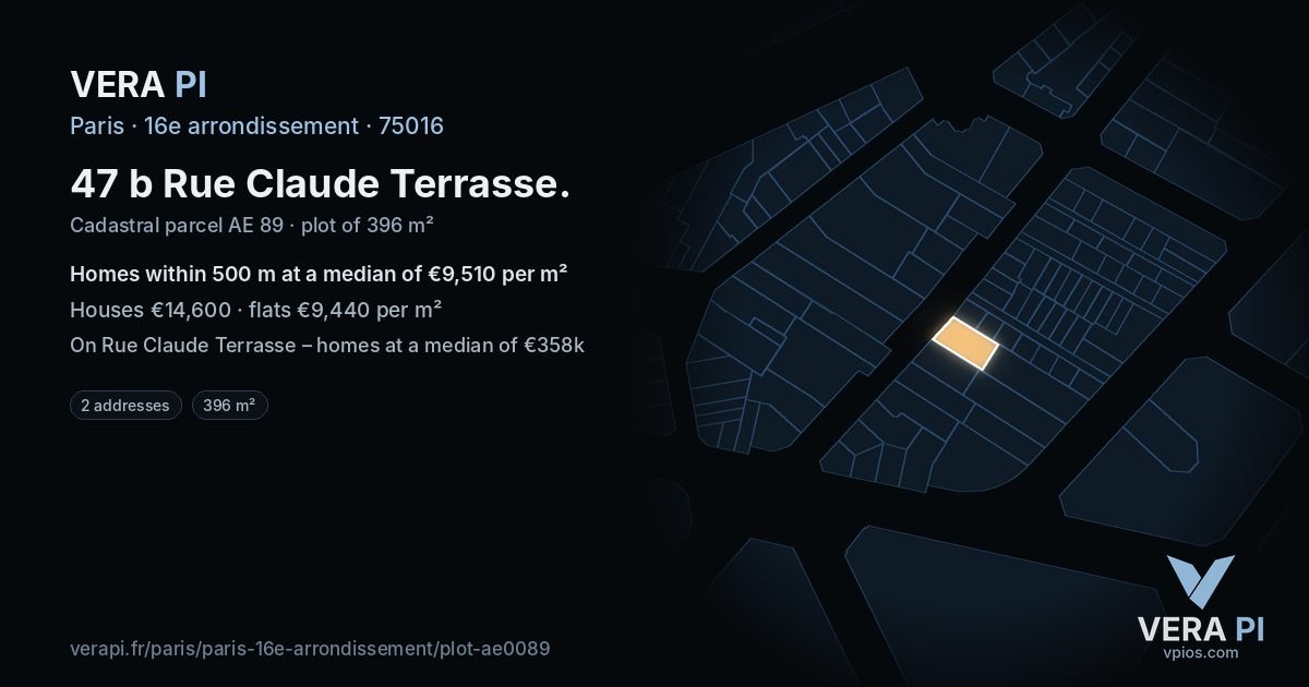 47 b Rue Claude Terrasse, 16e arrondissement at night – the plot lit, the parcels around coloured by the prices near them