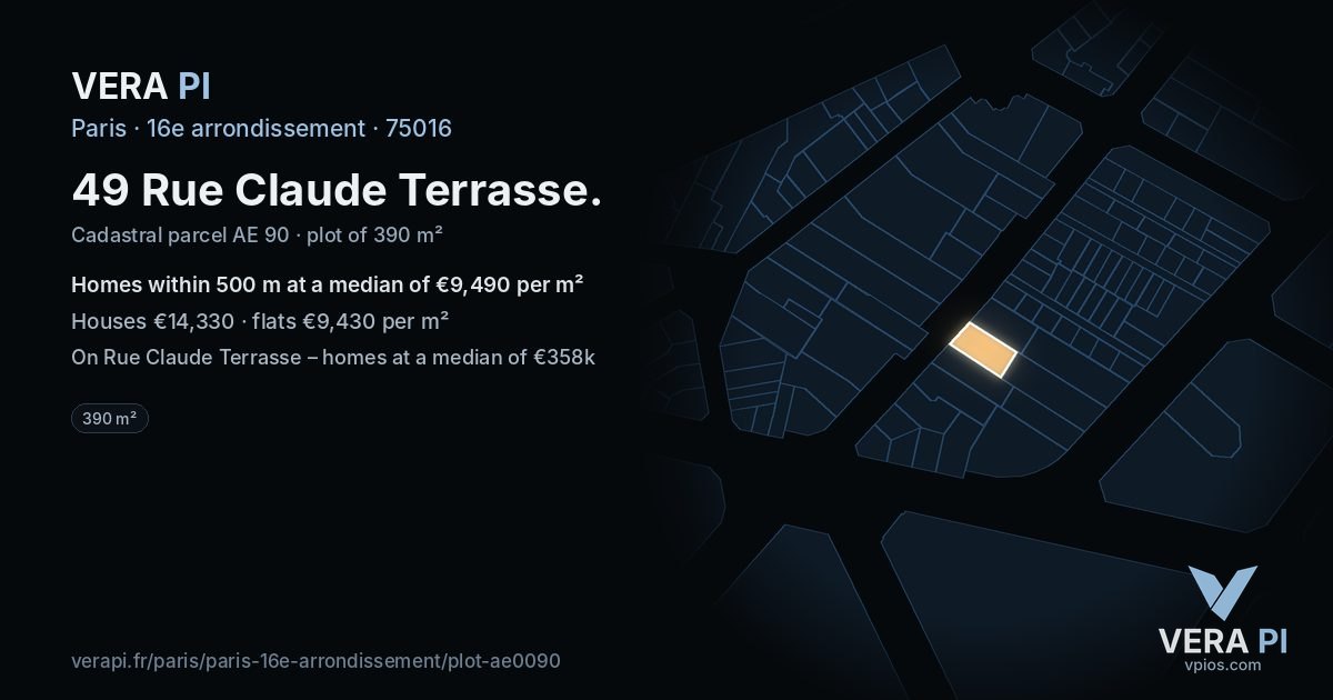 49 Rue Claude Terrasse, 16e arrondissement at night – the plot lit, the parcels around coloured by the prices near them