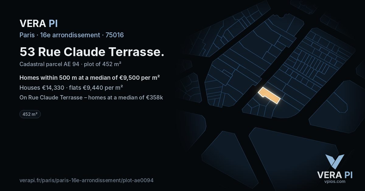 53 Rue Claude Terrasse, 16e arrondissement at night – the plot lit, the parcels around coloured by the prices near them