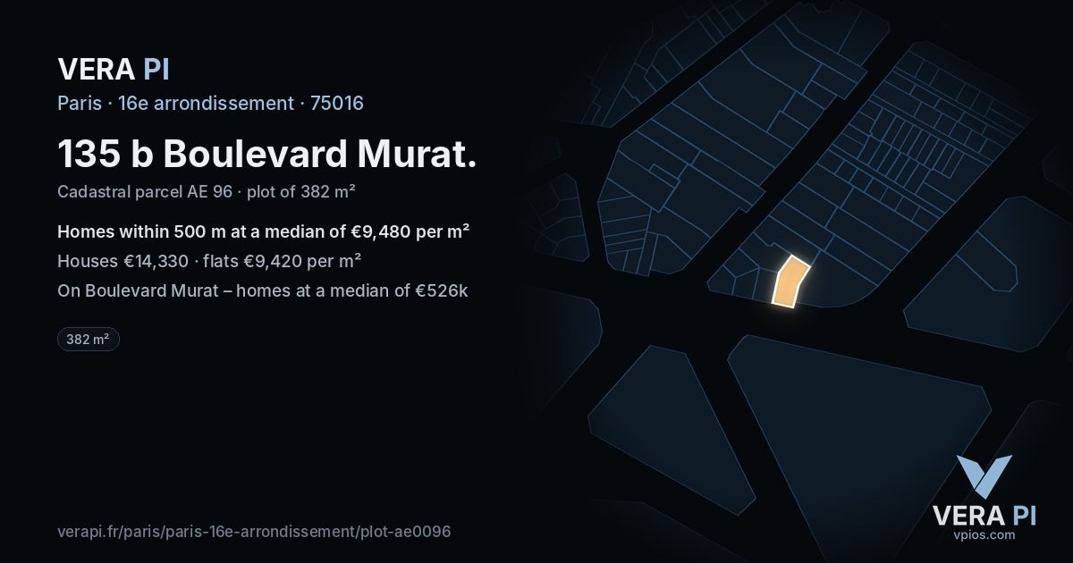 135 b Boulevard Murat, 16e arrondissement at night – the plot lit, the parcels around coloured by the prices near them