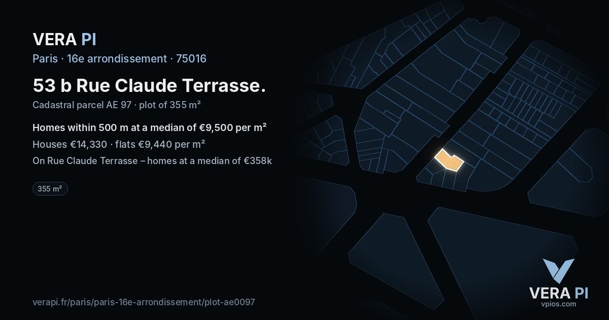 53 b Rue Claude Terrasse, 16e arrondissement at night – the plot lit, the parcels around coloured by the prices near them