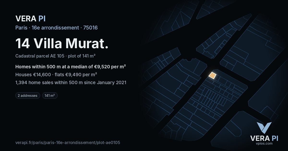 14 Villa Murat, 16e arrondissement at night – the plot lit, the parcels around coloured by the prices near them