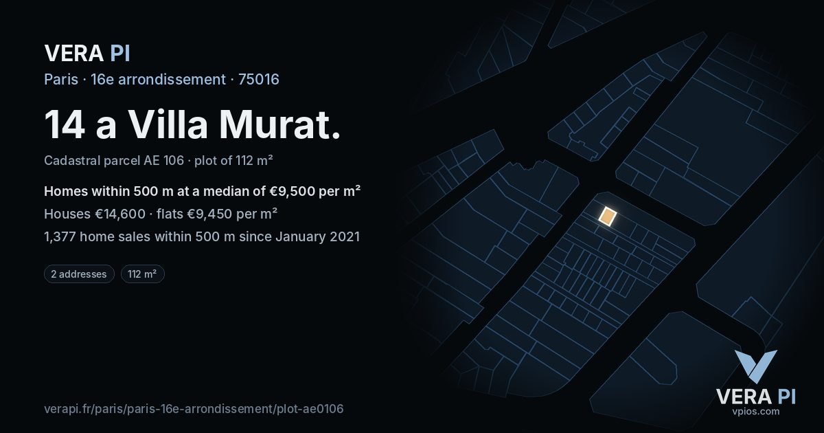 14 a Villa Murat, 16e arrondissement at night – the plot lit, the parcels around coloured by the prices near them