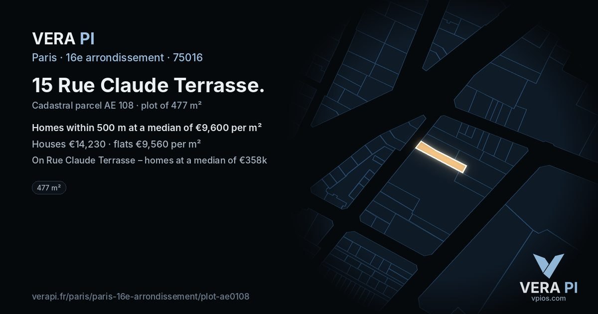 15 Rue Claude Terrasse, 16e arrondissement at night – the plot lit, the parcels around coloured by the prices near them