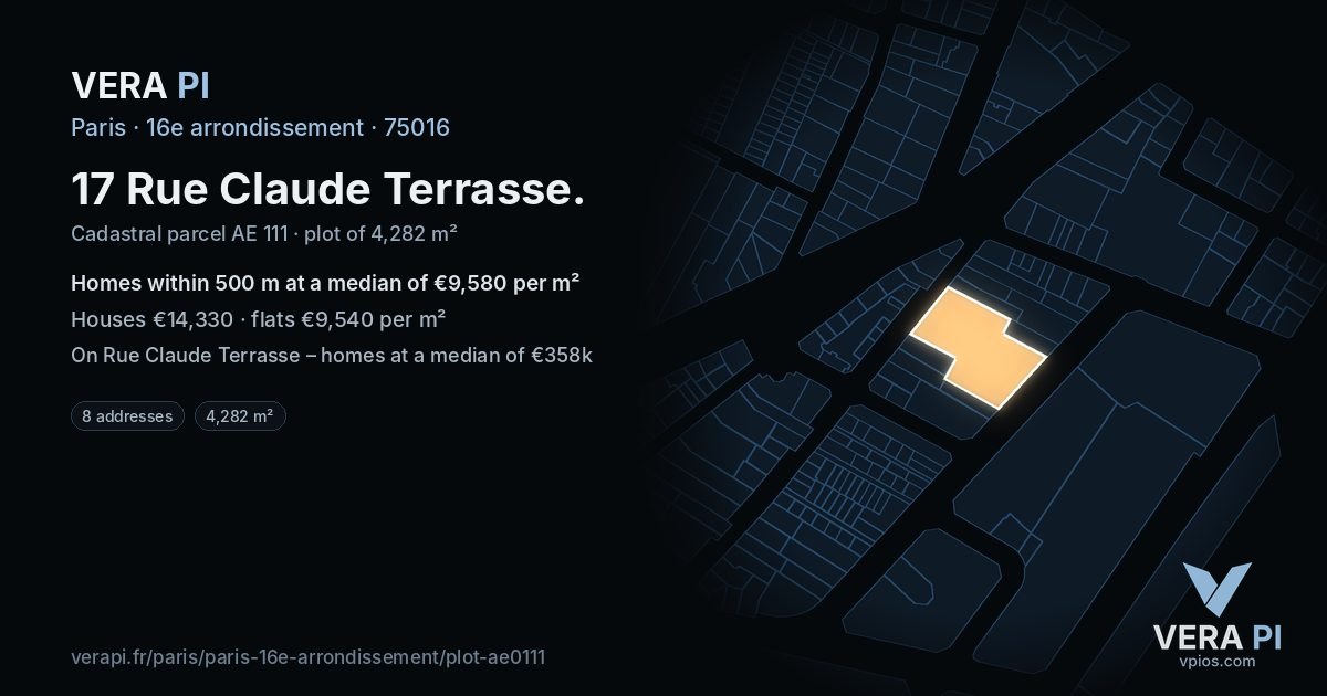 17 Rue Claude Terrasse, 16e arrondissement at night – the plot lit, the parcels around coloured by the prices near them