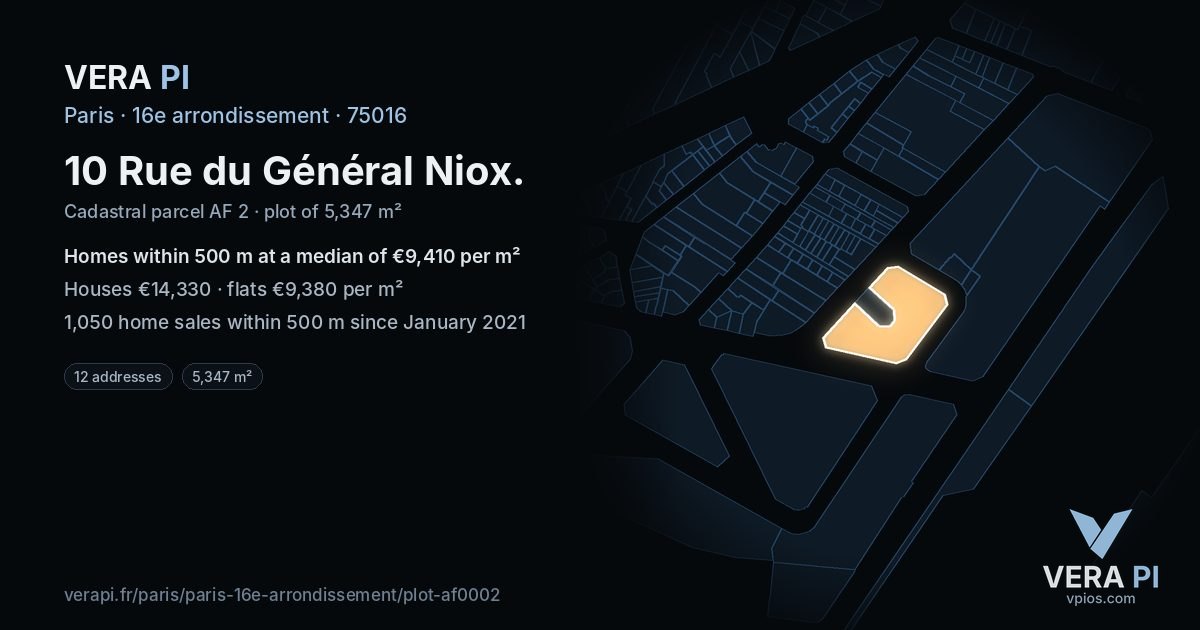 10 Rue du Général Niox, 16e arrondissement at night – the plot lit, the parcels around coloured by the prices near them