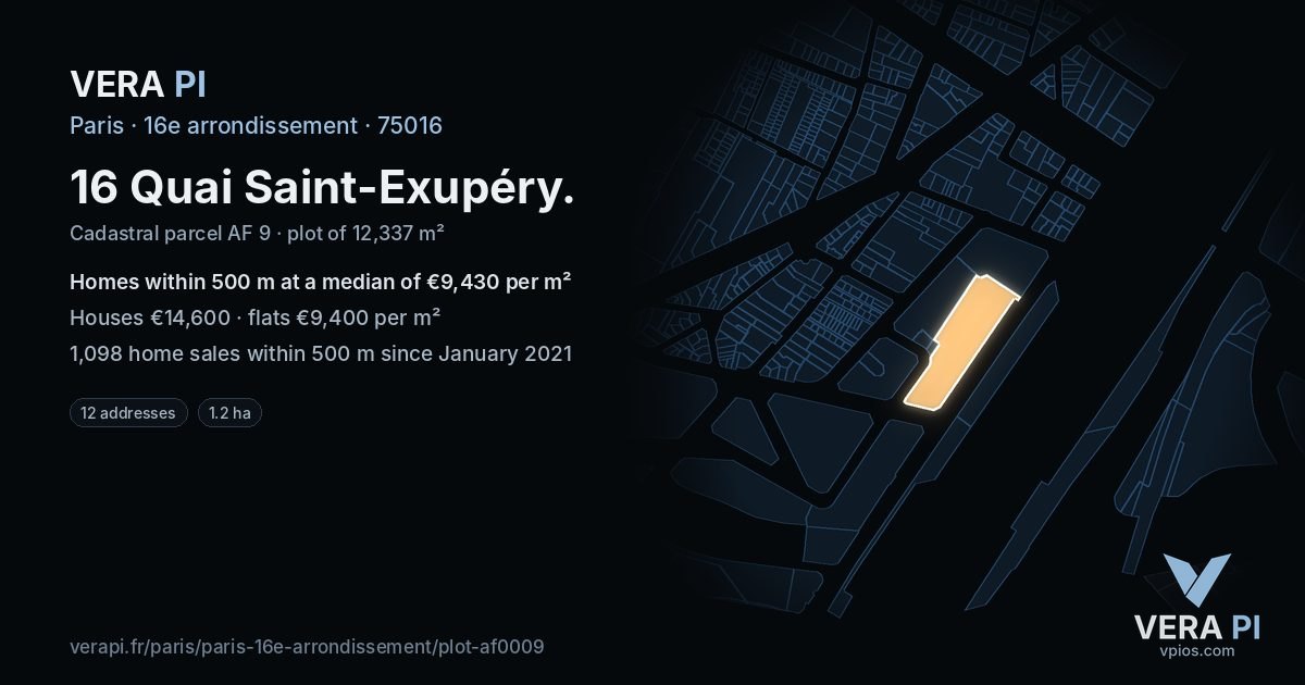 16 Quai Saint-Exupéry, 16e arrondissement at night – the plot lit, the parcels around coloured by the prices near them