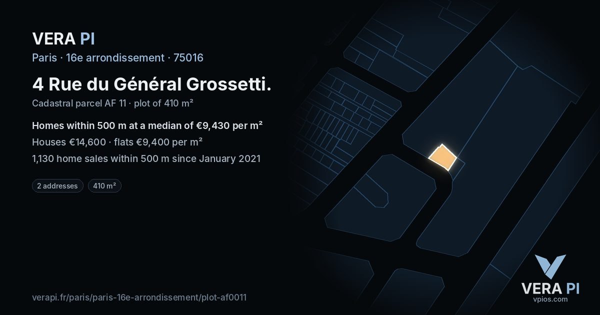 4 Rue du Général Grossetti, 16e arrondissement at night – the plot lit, the parcels around coloured by the prices near them