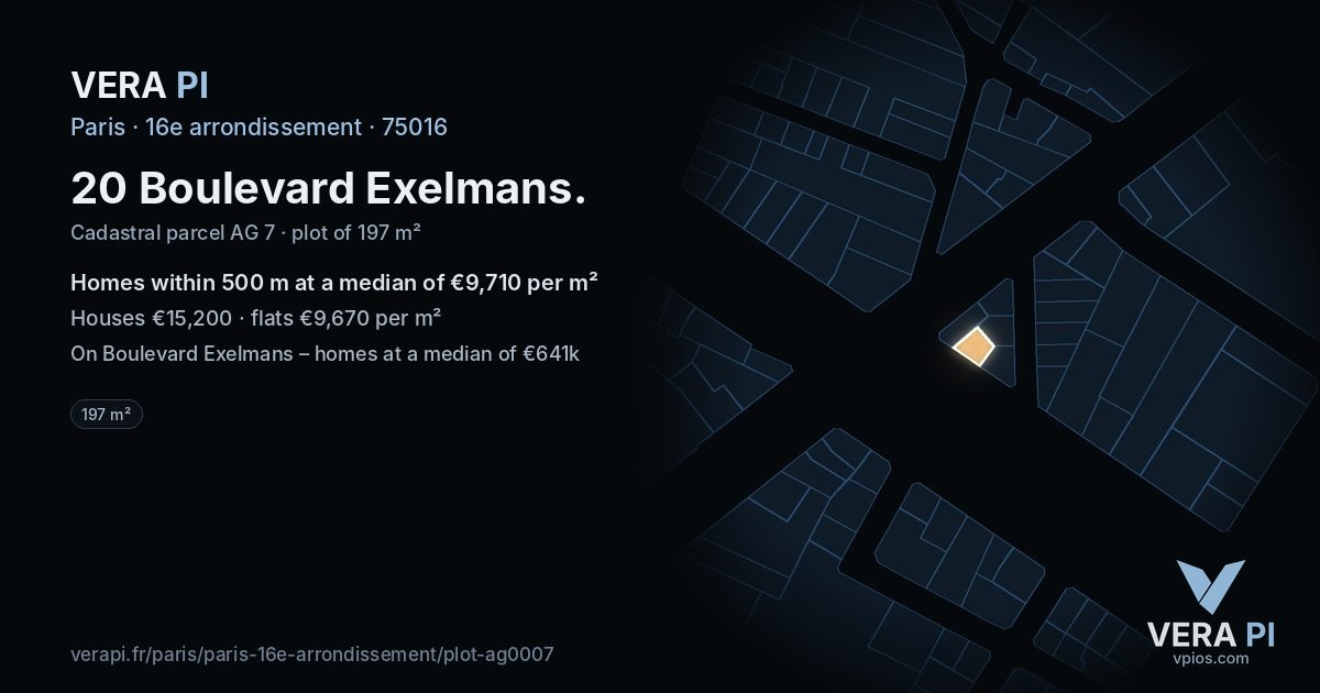 20 Boulevard Exelmans, 16e arrondissement at night – the plot lit, the parcels around coloured by the prices near them
