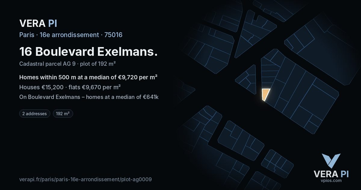 16 Boulevard Exelmans, 16e arrondissement at night – the plot lit, the parcels around coloured by the prices near them