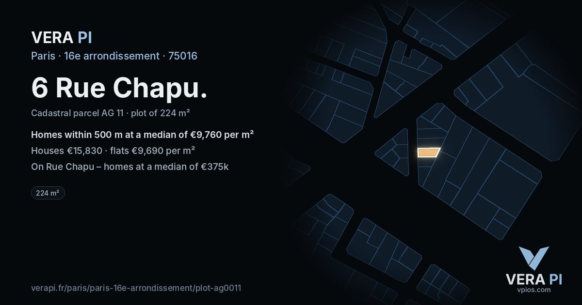 6 Rue Chapu, 16e arrondissement at night – the plot lit, the parcels around coloured by the prices near them