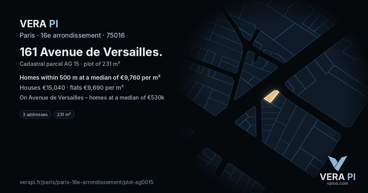 161 Avenue de Versailles, 16e arrondissement at night – the plot lit, the parcels around coloured by the prices near them