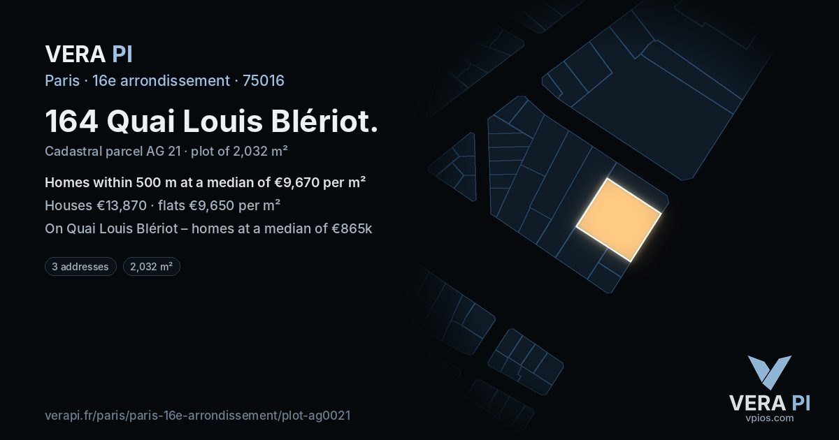 164 Quai Louis Blériot, 16e arrondissement at night – the plot lit, the parcels around coloured by the prices near them