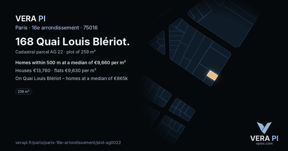 168 Quai Louis Blériot, 16e arrondissement at night – the plot lit, the parcels around coloured by the prices near them