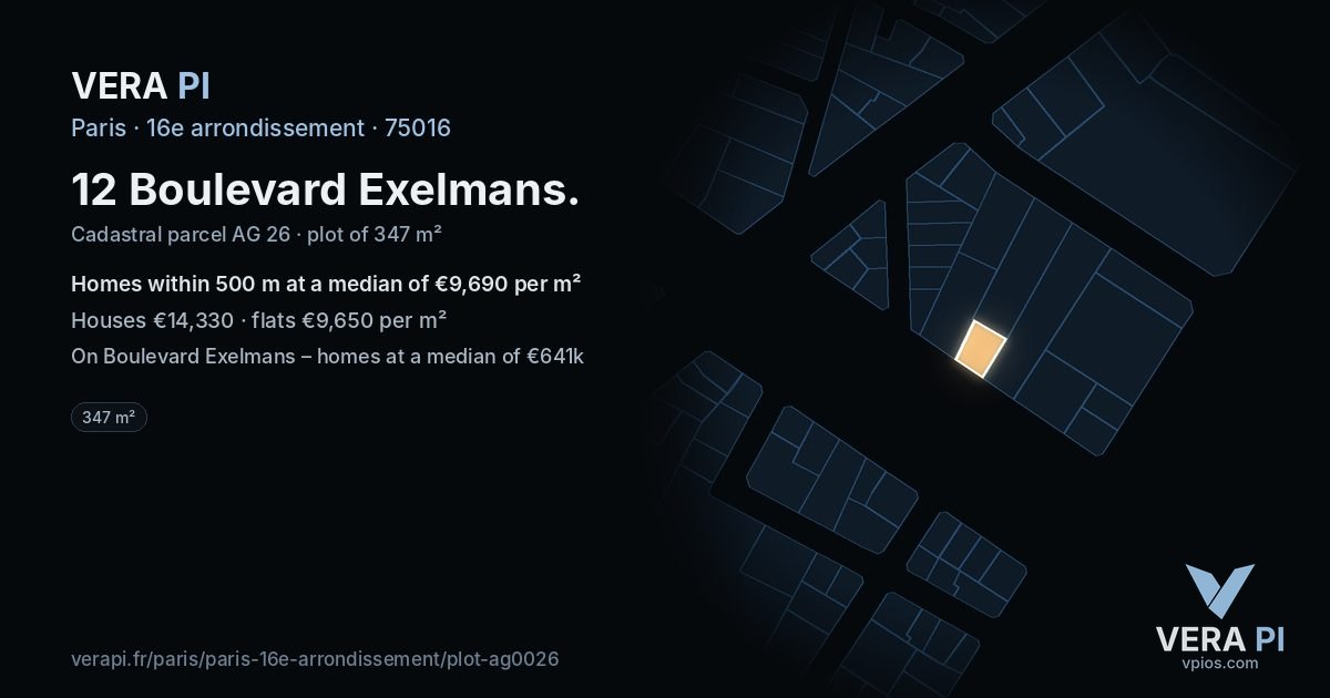 12 Boulevard Exelmans, 16e arrondissement at night – the plot lit, the parcels around coloured by the prices near them