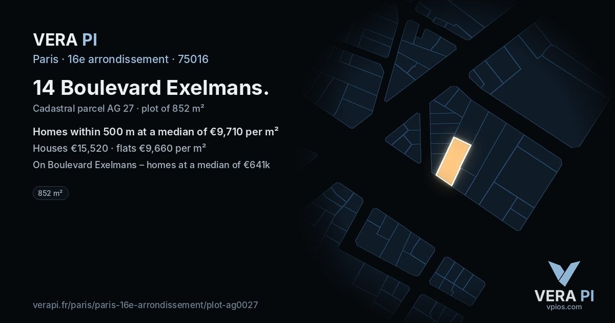 14 Boulevard Exelmans, 16e arrondissement at night – the plot lit, the parcels around coloured by the prices near them