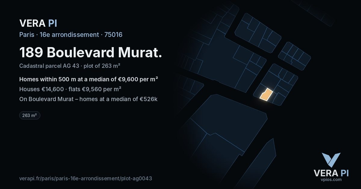 189 Boulevard Murat, 16e arrondissement at night – the plot lit, the parcels around coloured by the prices near them