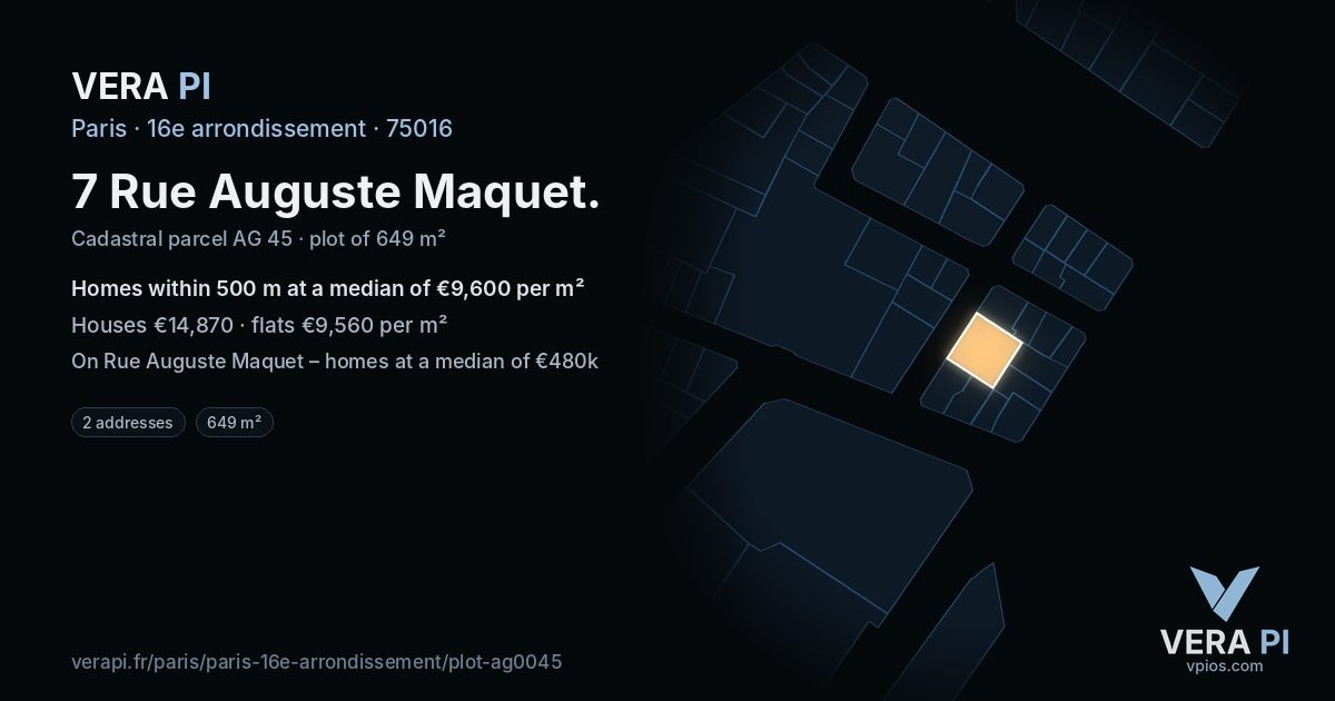 7 Rue Auguste Maquet, 16e arrondissement at night – the plot lit, the parcels around coloured by the prices near them