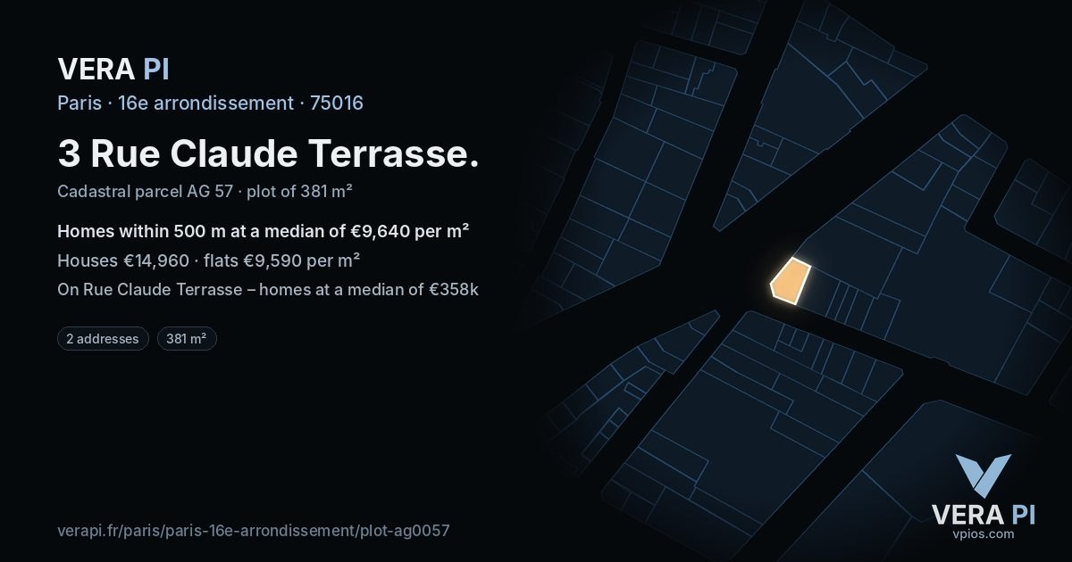 3 Rue Claude Terrasse, 16e arrondissement at night – the plot lit, the parcels around coloured by the prices near them