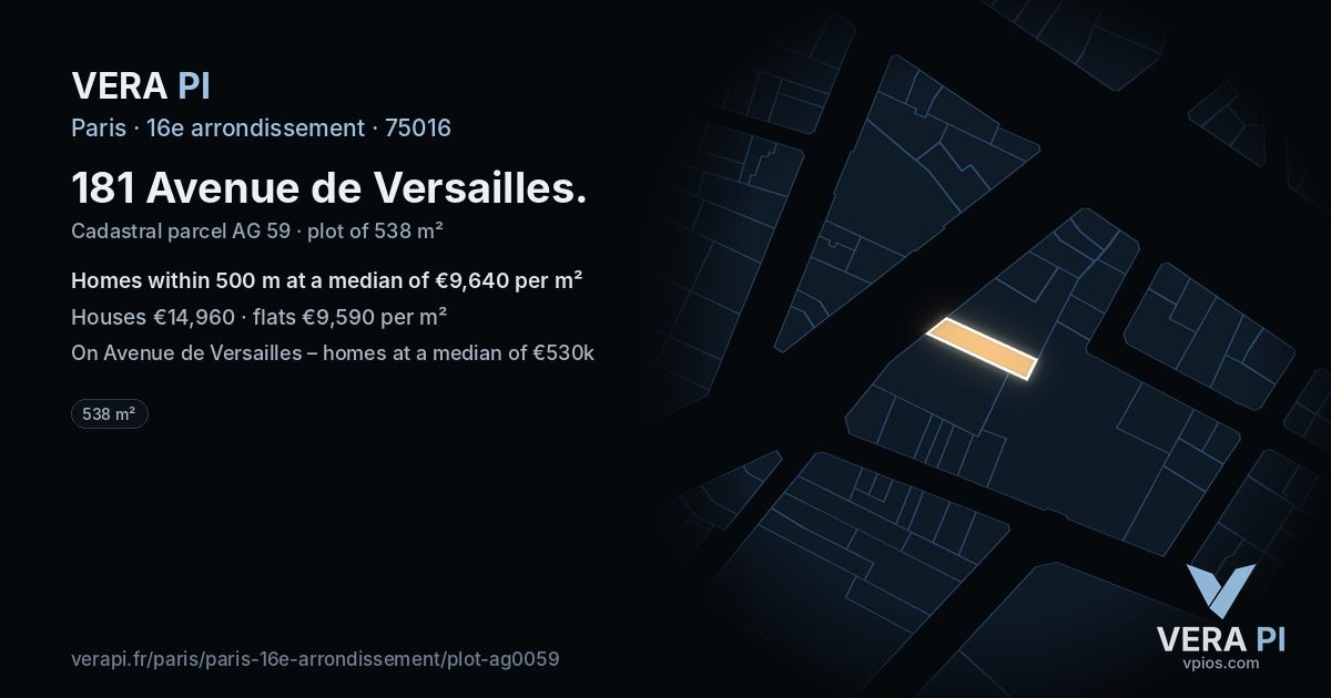181 Avenue de Versailles, 16e arrondissement at night – the plot lit, the parcels around coloured by the prices near them
