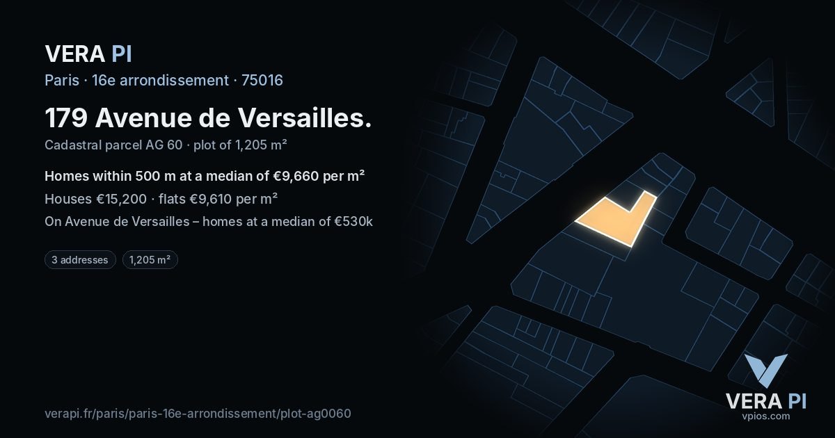 179 Avenue de Versailles, 16e arrondissement at night – the plot lit, the parcels around coloured by the prices near them