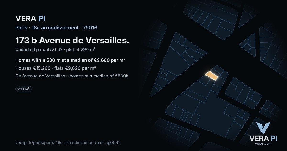 173 b Avenue de Versailles, 16e arrondissement at night – the plot lit, the parcels around coloured by the prices near them
