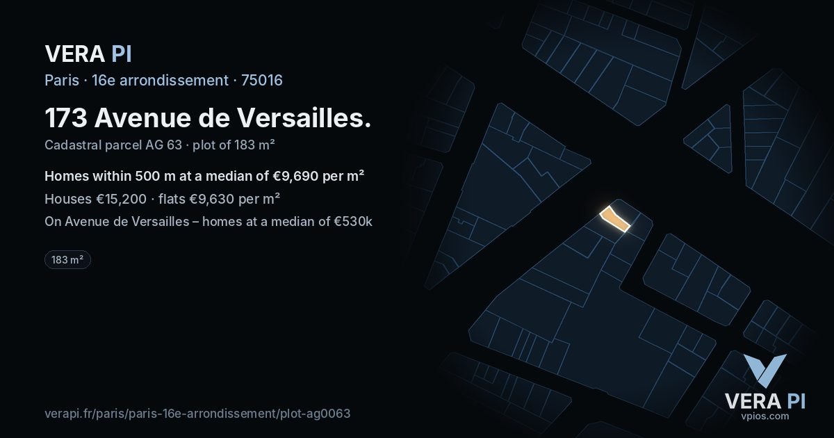 173 Avenue de Versailles, 16e arrondissement at night – the plot lit, the parcels around coloured by the prices near them