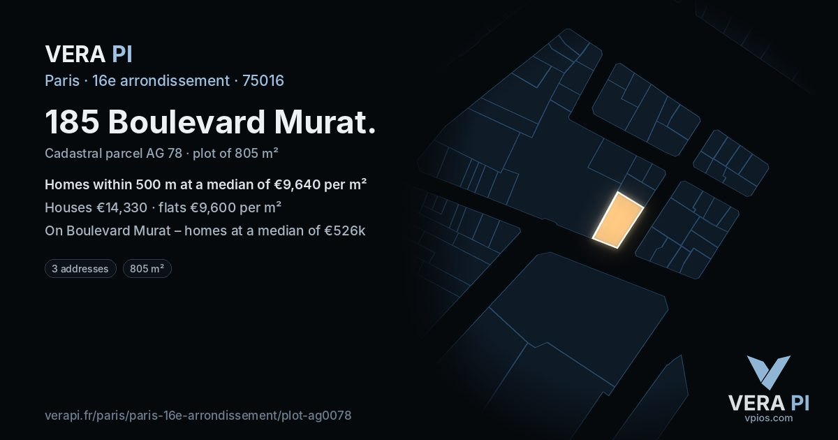 185 Boulevard Murat, 16e arrondissement at night – the plot lit, the parcels around coloured by the prices near them
