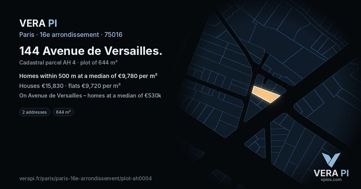 144 Avenue de Versailles, 16e arrondissement at night – the plot lit, the parcels around coloured by the prices near them